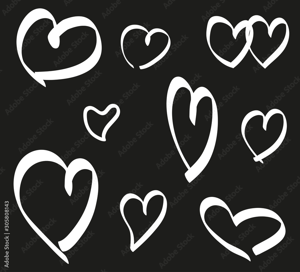 Hearts on isolated black background. Black and white illustration Stock ...