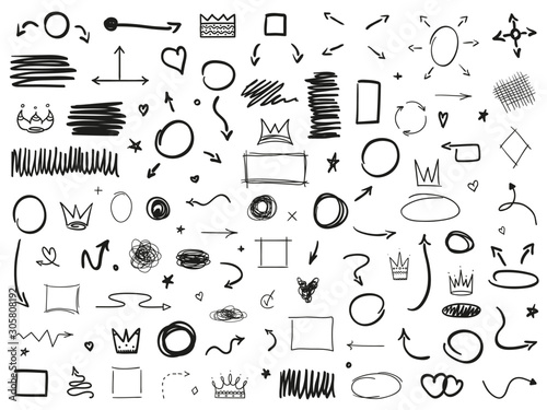 Hand drawn signs on white. Set of different symbols and shapes. Black and white illustration