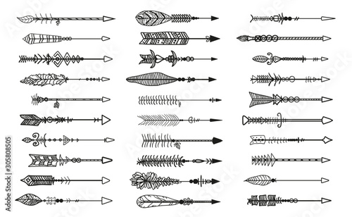 Hand drawn arrow. Abstract elements. Set of different arrows. Black and white illustration
