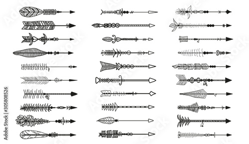 Hand drawn arrow. Abstract elements. Set of different arrows. Black and white illustration