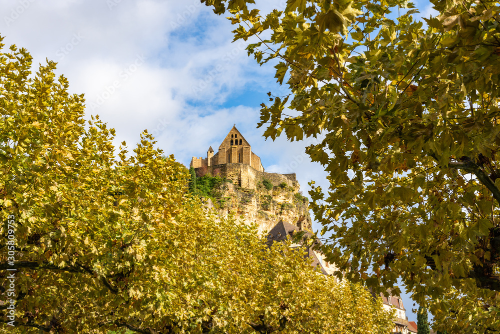 Naklejka premium Сastle on a towering mountain amid autumn foliage. Chateau de Beynac in the village Beynac-et-Cazenac. France. 26 nov 2019