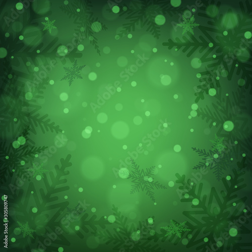 Christmas snowflakes on green background. Vector illustration.