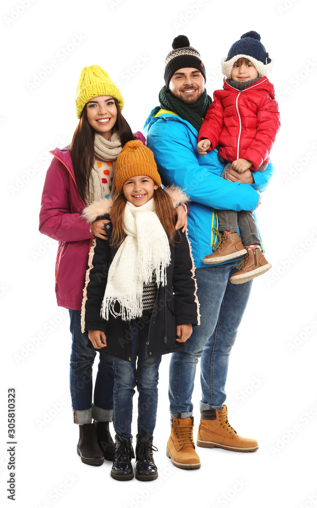 Fotografie Happy family in warm clothes on white background. Winter vacation