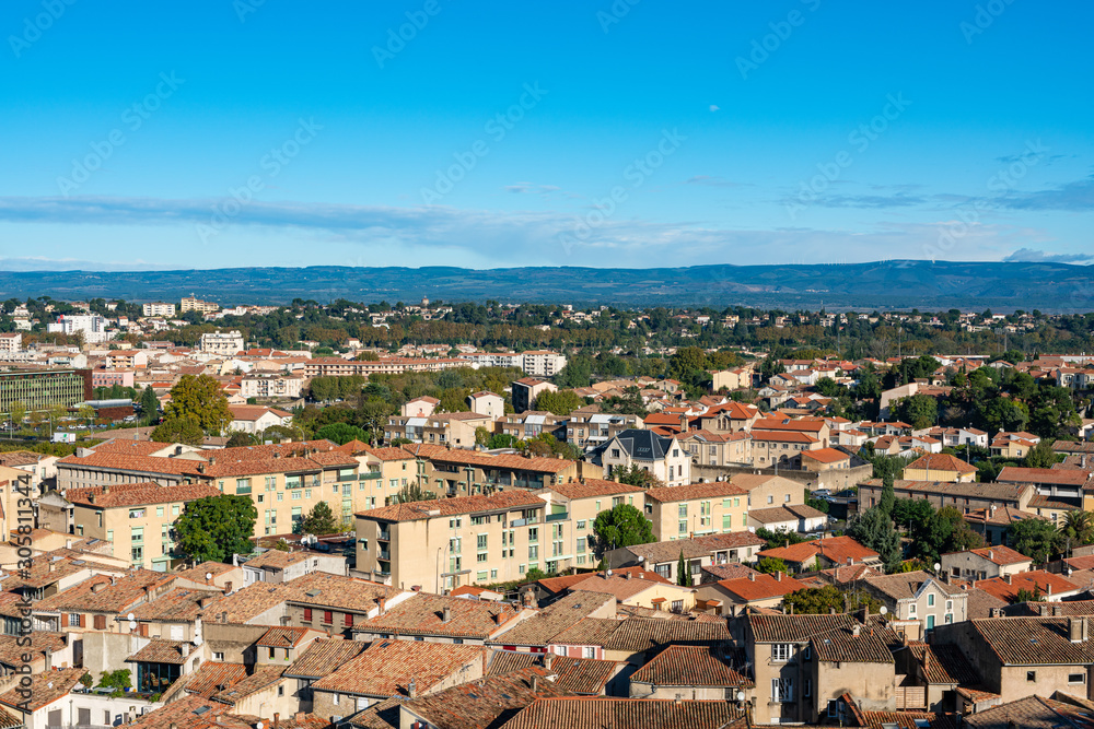 Panoramic view of the city Carcassonne from the walls of the tower Cite de Carcassonne. France. 26 nov 2019