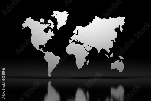 Fototapeta Naklejka Na Ścianę i Meble -  White 3d world map outline over black mirror reflective surface. 3d illustration.
