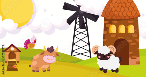 farm animals goat bull turkey windmill barn hen house