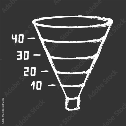 Funnel graph chalk icon. Marketing strategy chart. Conversion economic plan. Finance. Business research presentation. Visualization with segments and numbers. Isolated vector chalkboard illustration