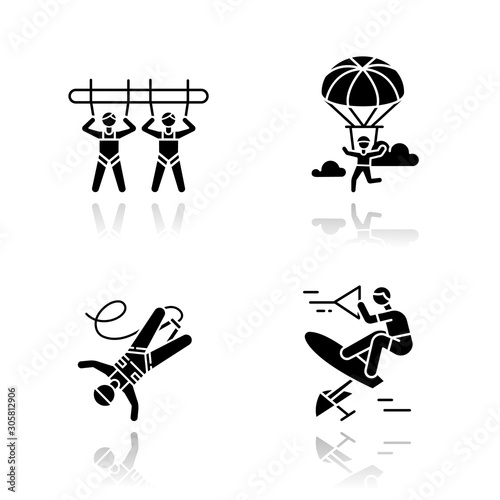 Air extreme sports drop shadow black glyph icons set. Giant swing, parachuting, bungee jumping and wakeboarding. Outdoor activities. Adrenaline entertainment. Isolated vector illustrations