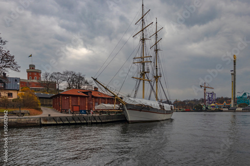 STOCKHOLM, SWEDEN - 2 NOVEMBER 2019: Af Chapman is a full-rigged steel ship moored on the western shore of the islet Skeppsholmen in central Stockholm, Sweden