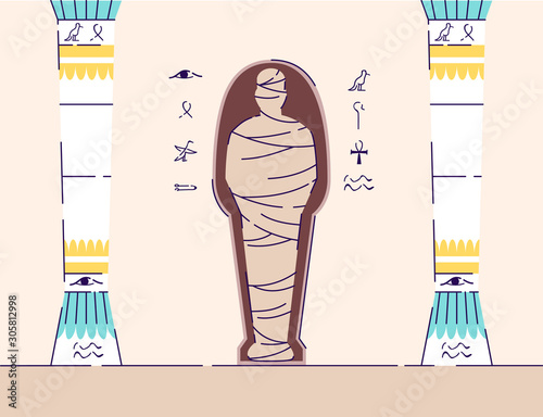 Egyptian mummy flat vector illustration. Ancient sarcophagus, hieroglyphs, columns. Tomb of pharaoh. Museum exposition with artifacts of ancient Egypt. Archaeological find cartoon backdrop