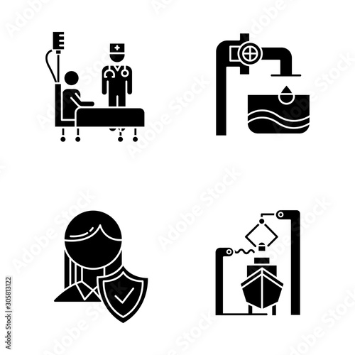 Industry types glyph icons set. Healthcare services. Water supply. Life insurance. Shipbuilding production. Boat, ship, marine vehicle. Medical help. Silhouette symbols. Vector isolated illustration