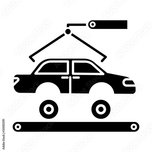 Automotive industry glyph icon. Car production. Vehicle factory. Automobile repair, fix services. Auto facility with crane and conveyor. Silhouette symbol. Negative space. Vector isolated illustration