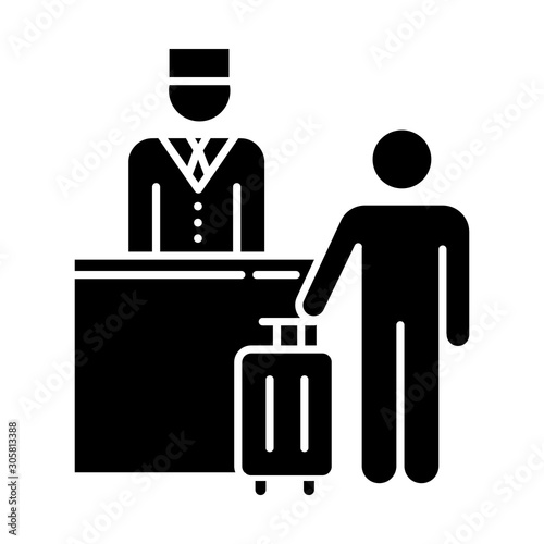 Hospitality industry glyph icon. Touristwith suitcase. Concierge. Hotel management services. Reservation desk. Tourism business. Silhouette symbol. Negative space. Vector isolated illustration