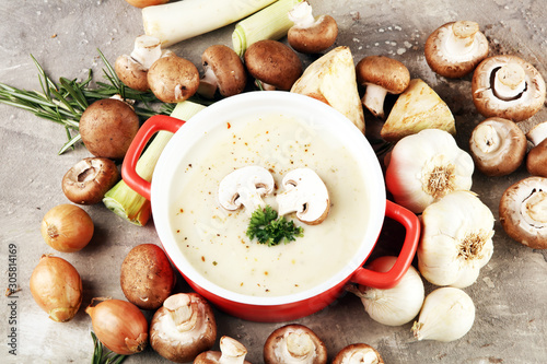 Fresh delicious mushroom soup with fresh and healthy champignons
