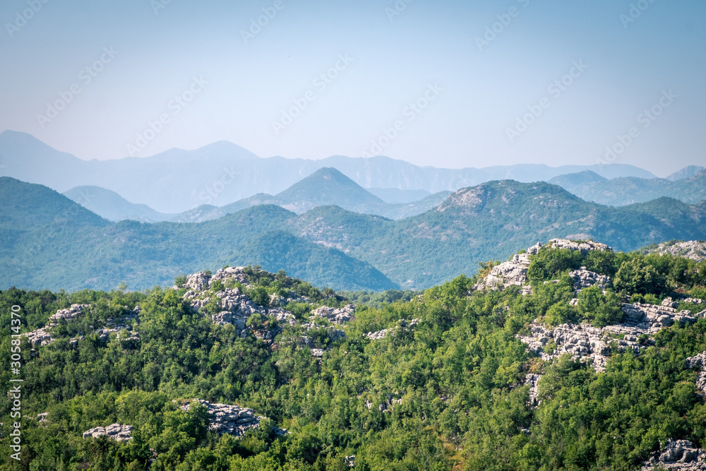 Mountains of Montenegro. Green forest and haze