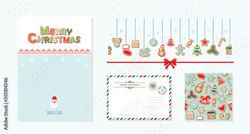 Christmas design elements set. Santa Claus letter template A4, greeting envelope, decotrative banner, seamless pattern with gingerbread cookies. Vector