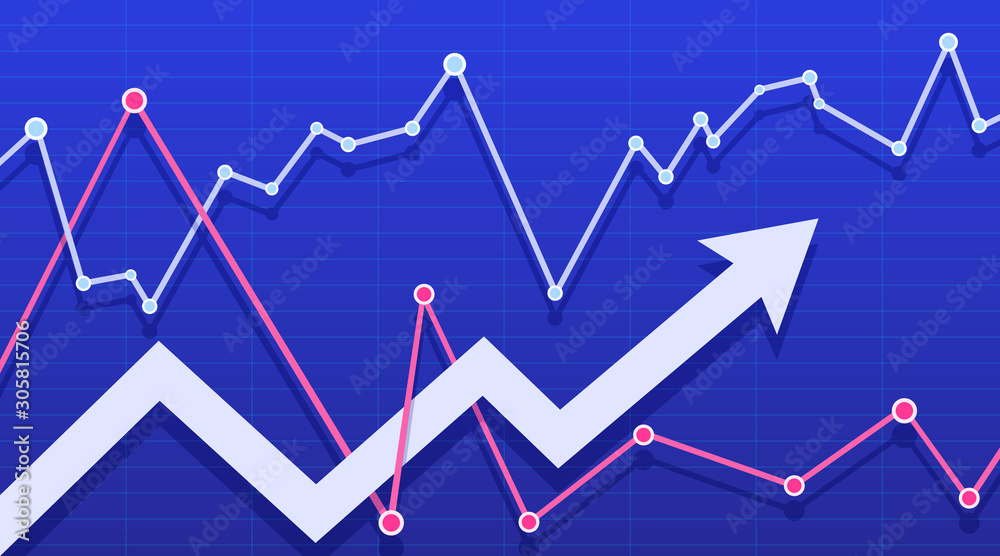 Stock market with an arrow on a royal blue background. Vector illustration.