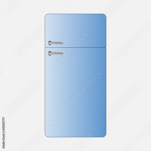 Vector illustration of a blue refrigerator in the retro style of the 80s.