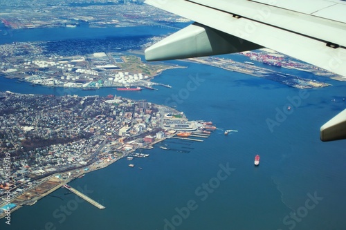 Panoramic view on Jersey river from the aeroplane window, USA. 