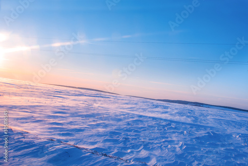 Snow field, frosty sunset, winter freshness, winter landscape