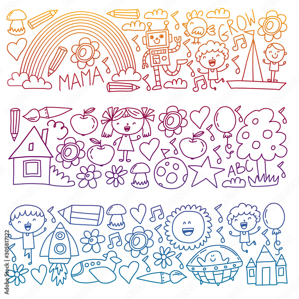 Vector set of Back to School icons in doodle style. Painted, colorful, pictures on white background.