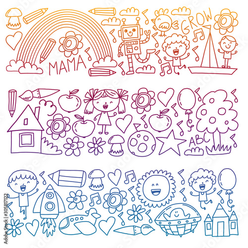 Vector set of Back to School icons in doodle style. Painted, colorful, pictures on white background.