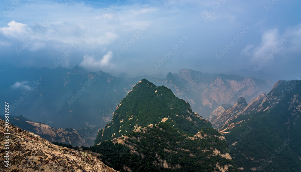 Panoramic view from the West Peak summit of Hua Shan mountain