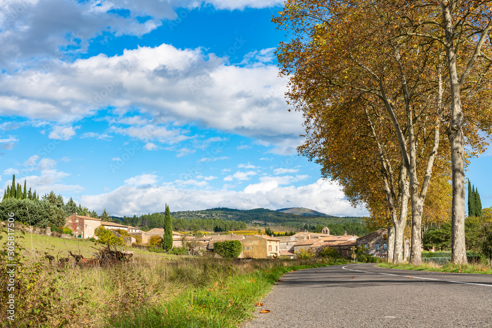 Highway through villages in the mountain massif during autumn time. Carcassonne district. France 26 nov 2019