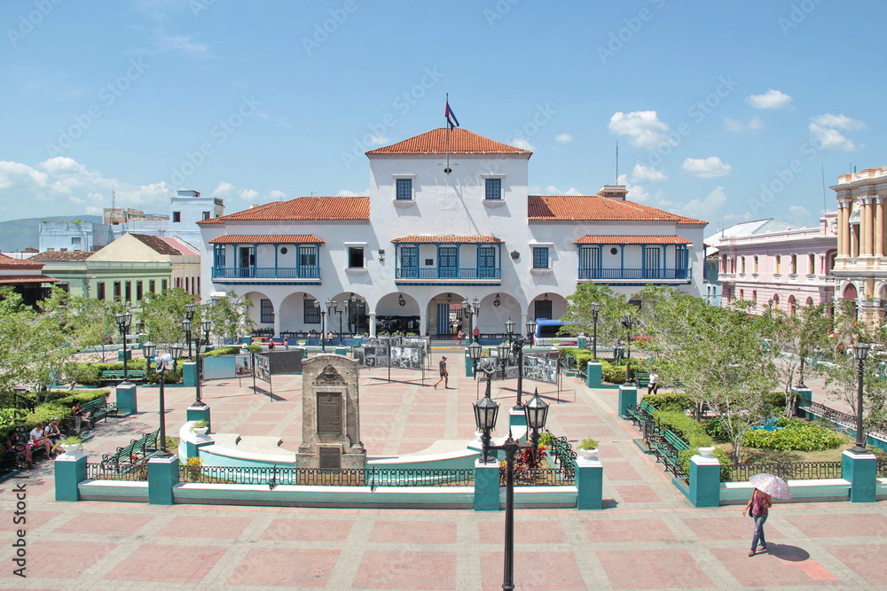 Parque Cespedes, main public park in downtown, with ayuntamiento (city hall) colonial building, in Santiago de Cuba, Cuba.