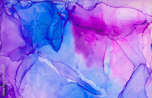 Trendy ethereal light blue, pink and purple alcohol ink abstract background. Bright liquid watercolor paint splash texture effect illustration for card design, banners, modern graphic design © KatMoy