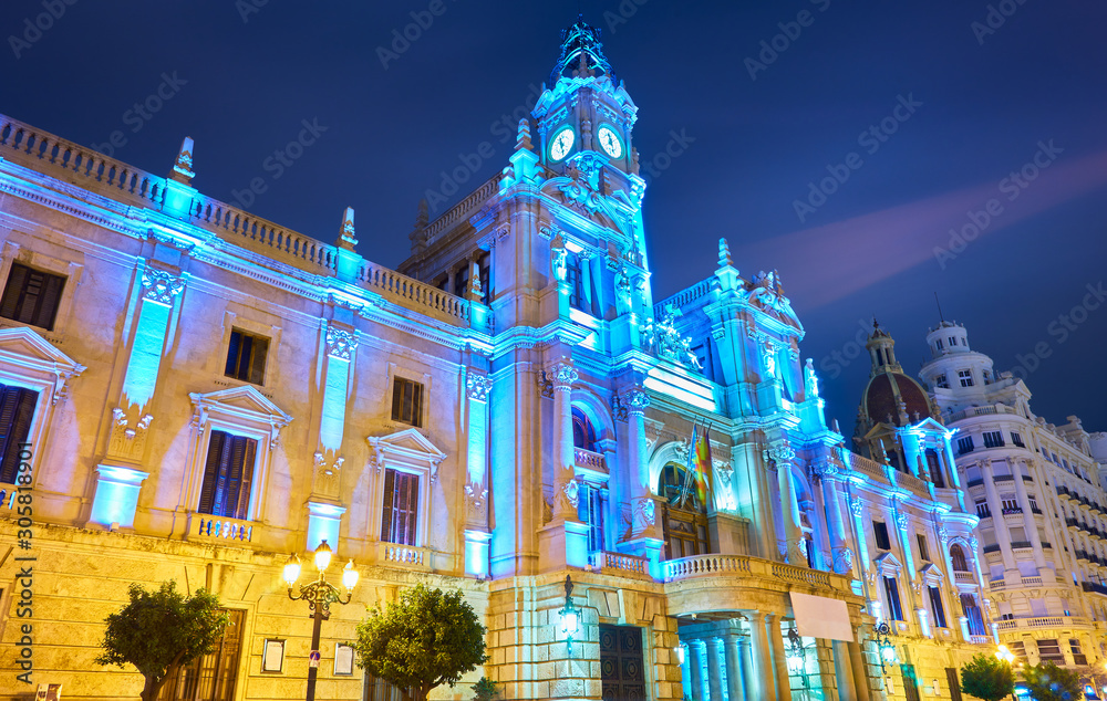 Valencia City Hall, Spain, at night