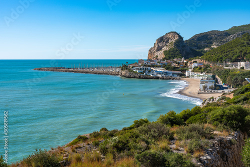 Bay and coastline with beach. Garraf. Spain. 26 nov 2019