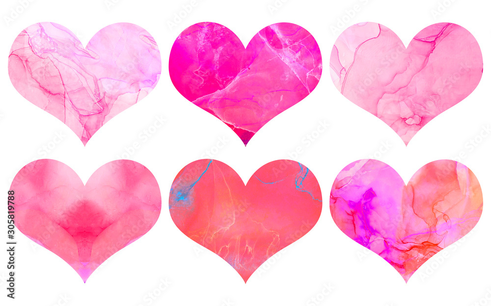 Aquarelle set of bright pink color watercolor hearts isolated on white background. Decorative elements for St Valentines Day cards, wedding and birthday graphics
