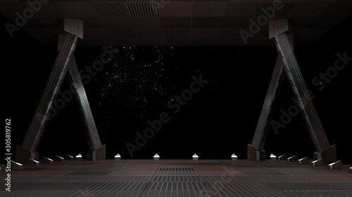 sci fi  corridor with view of space galaxy 3d rendering