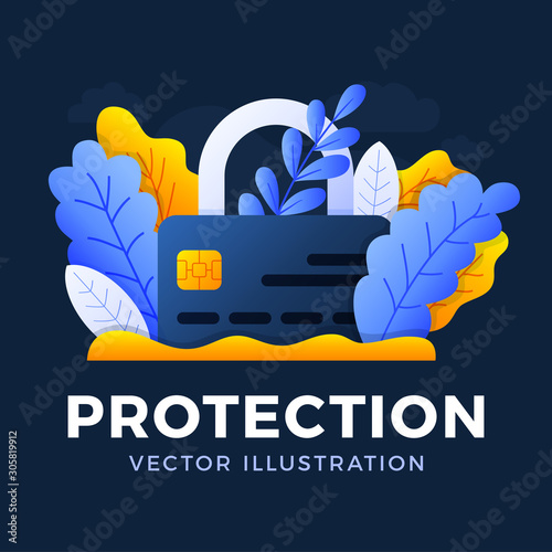 Padlock with credit card vector stock illustration isolated on a dark background. The concept of protection, security, reliability of a bank account. Front side of the card with a closed lock.