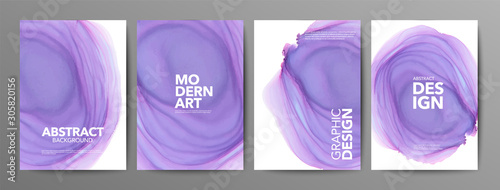Purple alcohol ink poster templates collection. Violet modern ink vector texture with text and typography.