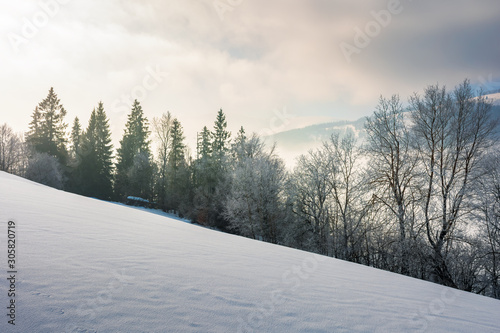 dramatic winter sunrise. trees in hoarfrost on a snow covered slope. clouds and mist floating in the valley. borzhava mountain ridge in the distance. amazing open vistas in gloomy frosty weather