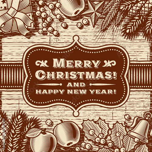 Vintage Merry Christmas Card Brown. Editable monochrome vector illustration with clipping mask.