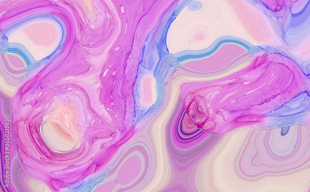 Light pink, blue and purple abstract liquid paint textured background with decorative spirals and swirls. Holographic pattern for modern creative trendy design, marble texture style for illustrations