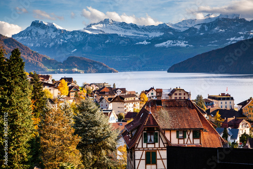 small mountain village and snowy peaks of Alps in the background