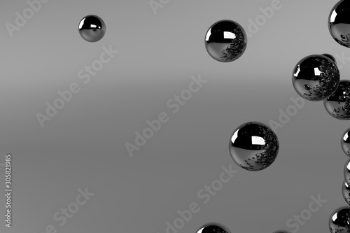 3D rendering of abstract science fiction concept. Group of spheres levitate. Flying spheres in empty space, abstract bubbles. Metal balls on gray background.