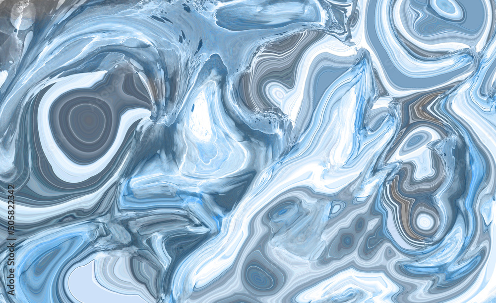 Fototapeta premium Blue abstract liquid paint textured frame with decorative spirals and swirls. Holographic light color background for modern creative trendy design, marble texture style for illustrations