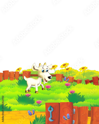 Fototapeta Naklejka Na Ścianę i Meble -  Cartoon farm scene with animal goat having fun on white background - illustration for children