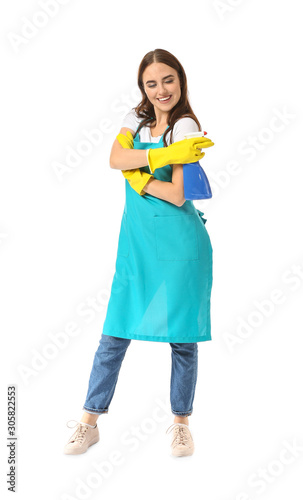 Female janitor on white background