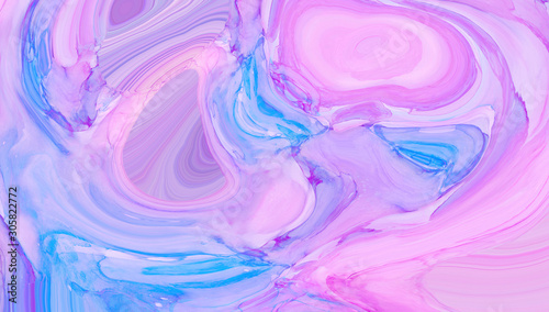 Light pink, blue and purple abstract liquid paint textured background with decorative spirals and swirls. Holographic pattern for modern creative trendy design, marble texture style for illustrations