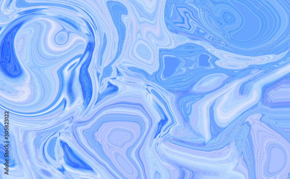 Fototapeta premium Soft blue abstract liquid paint textured frame with decorative spirals and swirls. Light color background for modern creative trendy design, marble texture style for illustrations