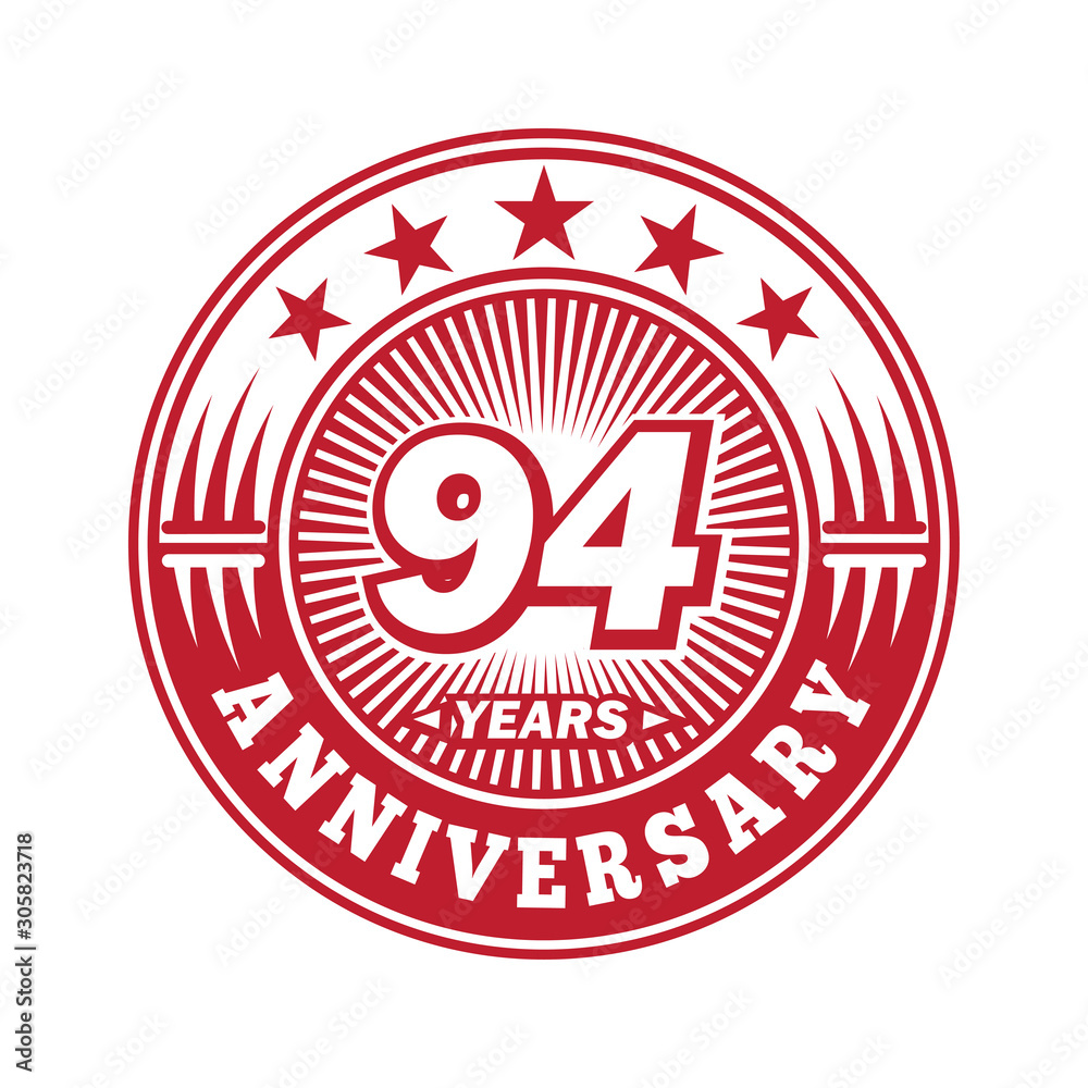 94 years logo. Ninety-four years anniversary celebration logo design. Vector and illustration.