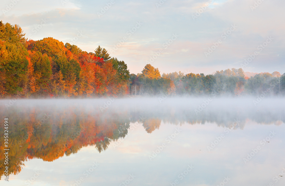 Beautiful New England Fall Foliage with reflections at sunrise, Boston Massachusetts.