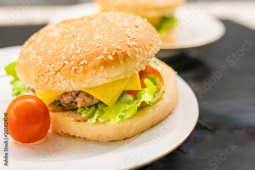 Homemade hamburger with cherry tomato on the plate. Selective focus