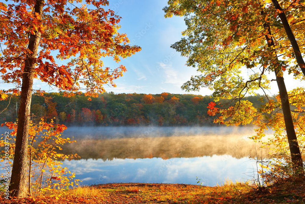 Beautiful Sunrise over a lake with fall foliage in foreground, Boston Massachusetts.